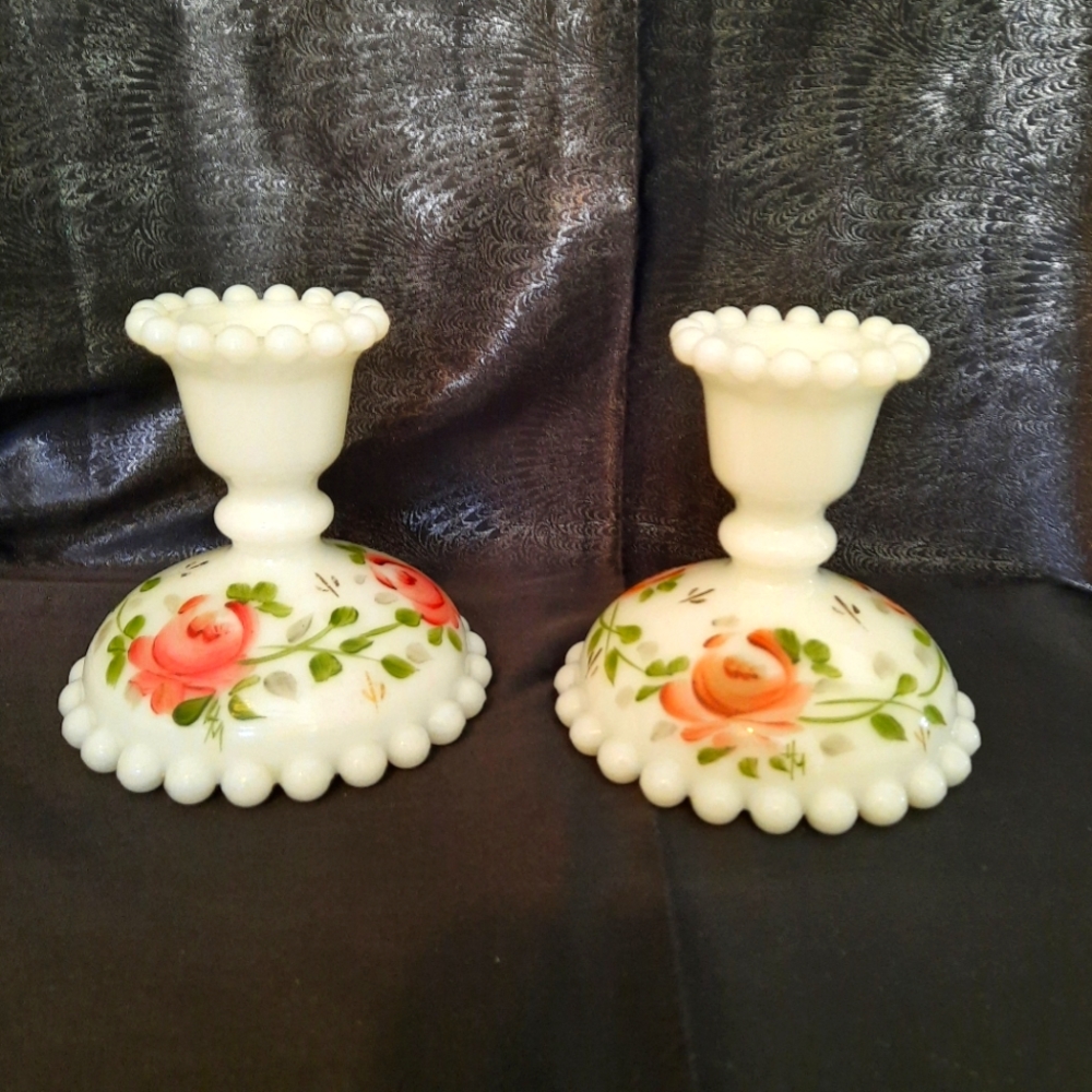 ELEGANT CANDLEWICK STYLE MILK GLASS CANDLE HOLDERS HAND PAINTED ROSES*SIGNED